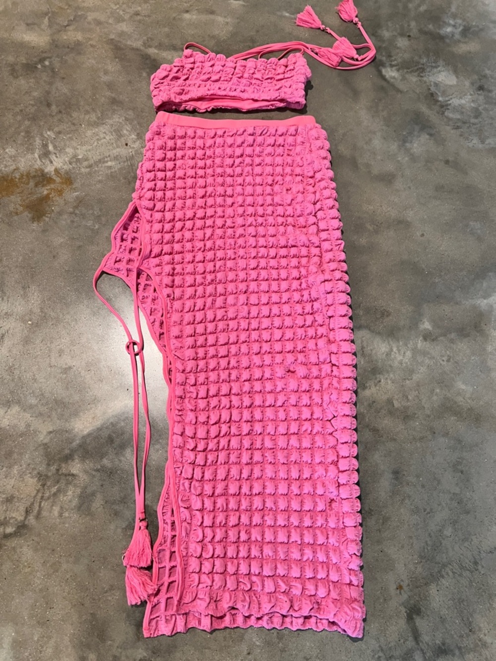 Pink Textured Puffy Crochet Halter Maxi dress 2 piece